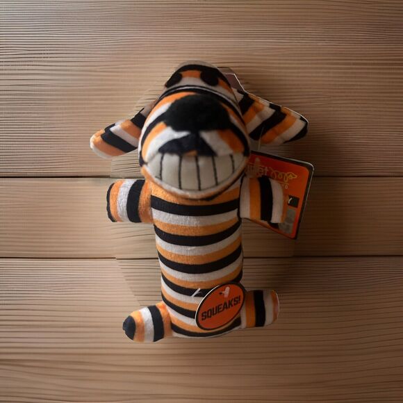 Multipet Halloween BOO Squeaky Dog Toy Black And Orange Stripes Loofah 6" NWT - Picture 1 of 4